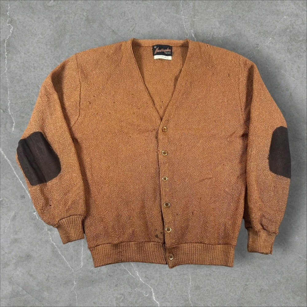 Huntingdon Mohair Cardigan Mens M Brown Vintage Elbow Patches V-Neck Sweater 60s